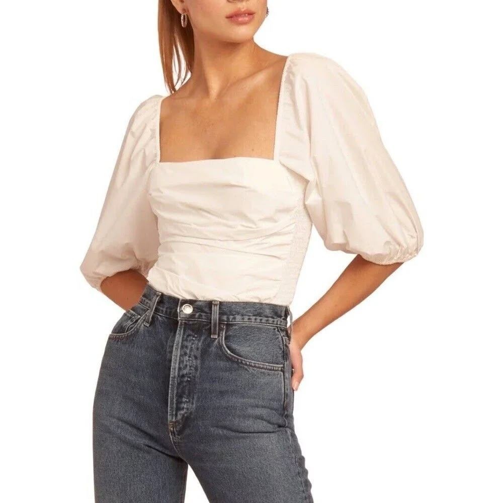 Amanda Uprichard Lucrezia Bodysuit XS Puff Sleeve Ruched Smocked Romantic White